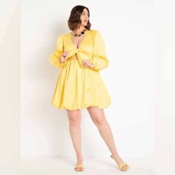 Eloquii Dress Women’s Size 16 Yellow Bubble hem Puff Sleeve Mini Dress NWT - Picture 14 of 15